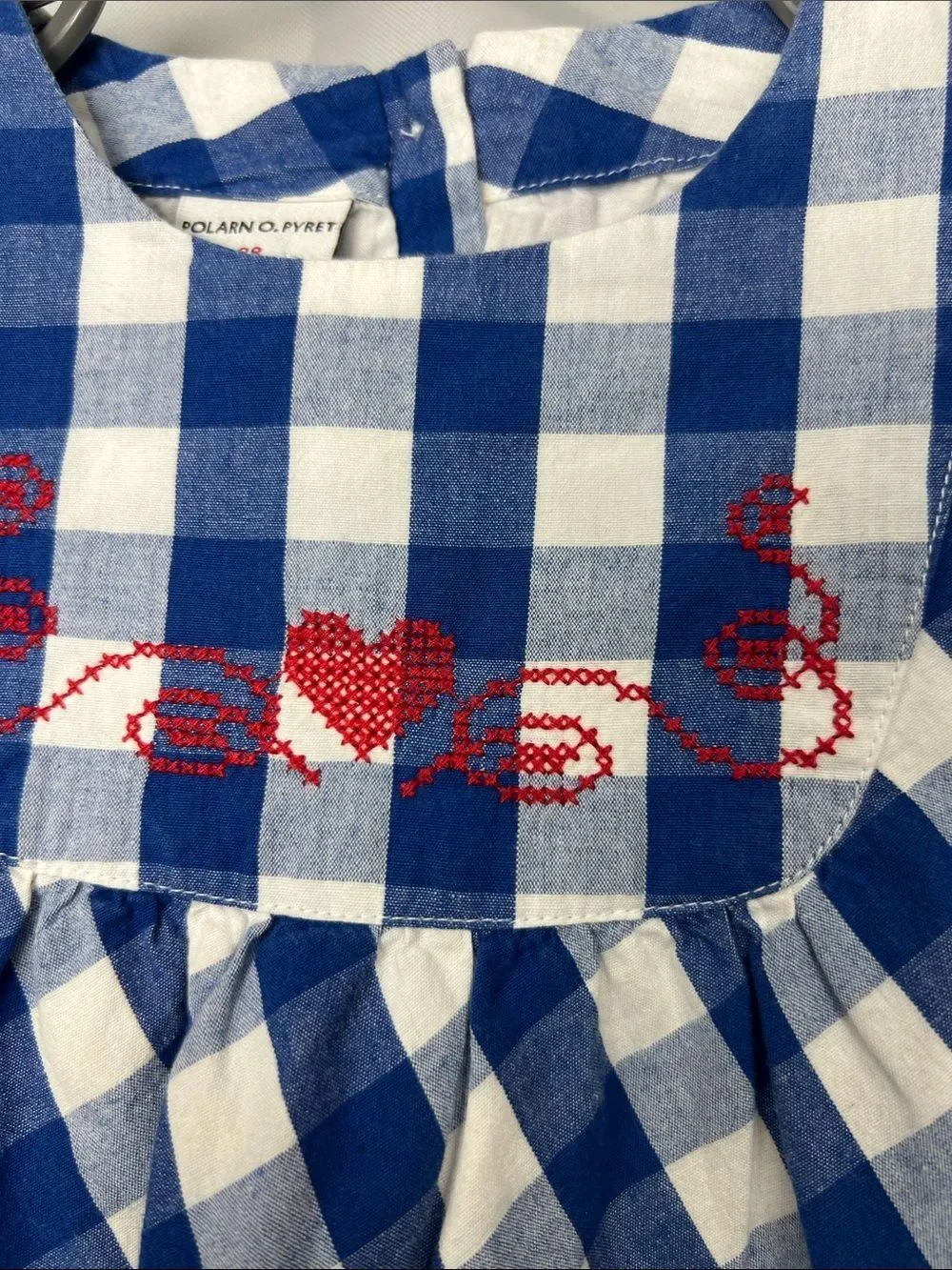Polarn O. Pyret blue and white check long sleeve cotton dress cross stitching